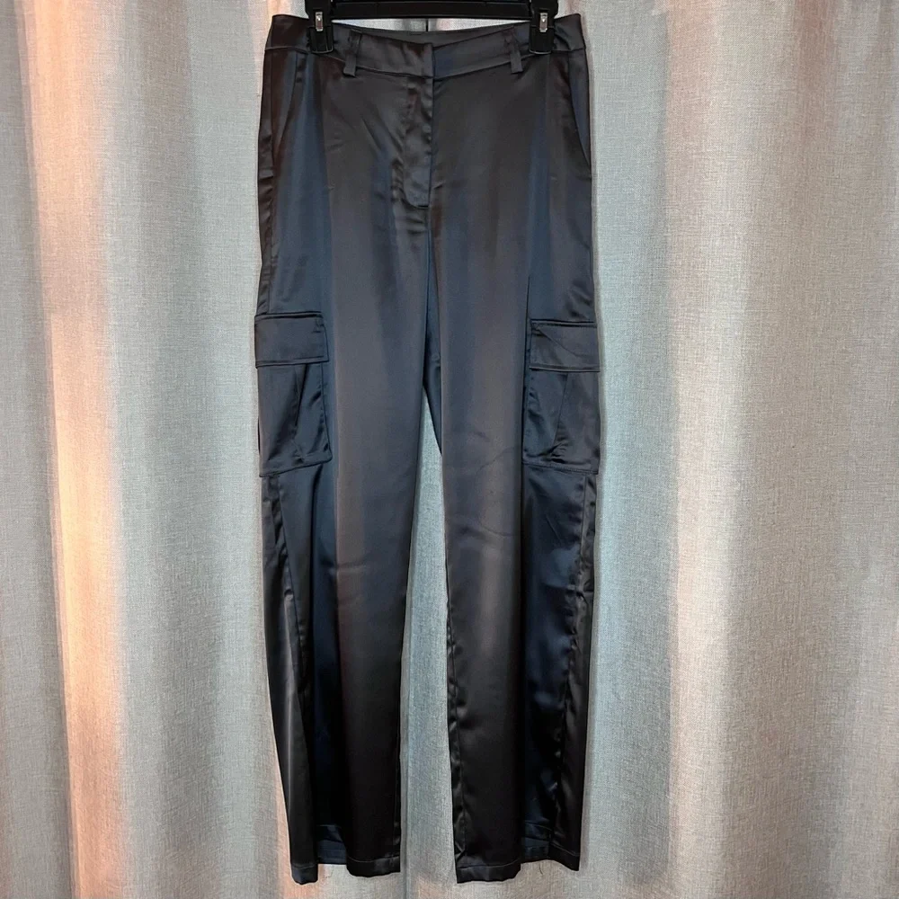 Wide Leg Satin Cargo Pants in Charcoal Gray - Picture 6 of 8